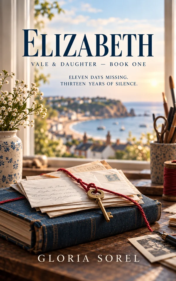 The cover of ELIZABETH by Gloria Sorel: a bundle of old letters tied with red thread and a brass key, resting on a cloth-bound book beside a window looking down on Selwyn Bay.