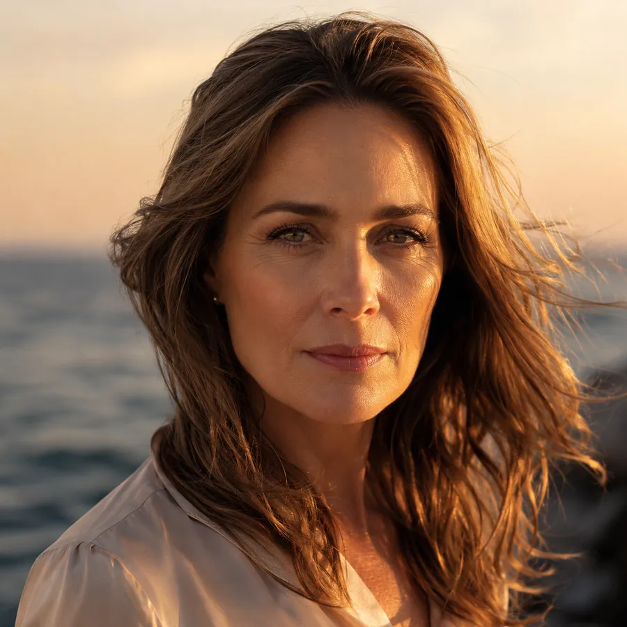 Elizabeth, the central character of the novel: a woman in her forties standing on the coast at sunset, her hair lifted by the wind.