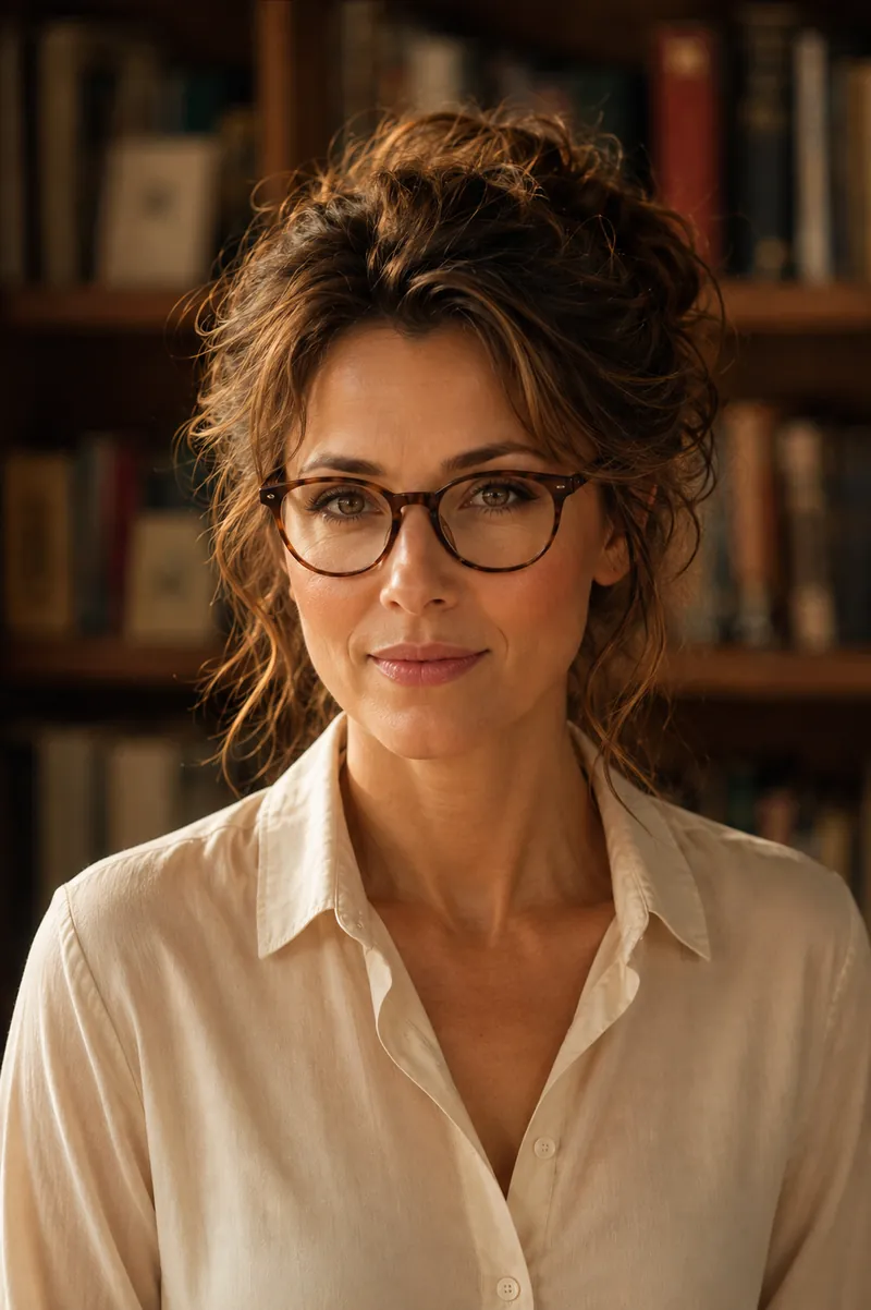 Portrait of Gloria Sorel, author of ELIZABETH, before a wall of bookshelves.
